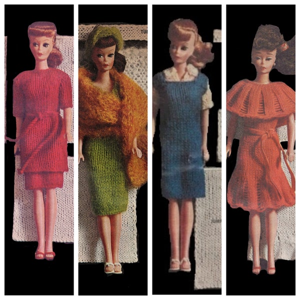 PDF 4 différentes tenues tricotées Barbie - Tricot pour débutants - Vêtements de poupée en tricot - Modèles des années 1960 - Téléchargement numérique