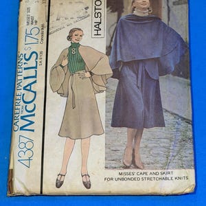 May include: Vintage McCall's sewing pattern 4387 featuring a cape and skirt design. The pattern includes a drawing of a woman wearing a cape and skirt. The pattern is for Misses' size 8, with a 24-inch waist and 33.5-inch hip.