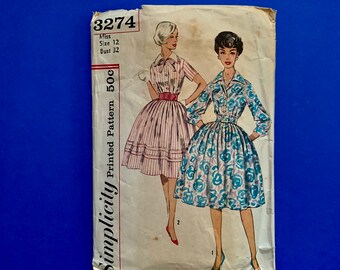 50's Simplicity 3274 Misses Rockabilly Dress with detachable collar  Sewing Pattern  - Size 12, Bust 32 -Cut and complete