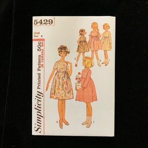 Simplicity 5429 Sewing Pattern Girls&#39; one piece empire waist dress -sleeveless, short or long sleeve - Size 8 -Cut and complete -No envelope