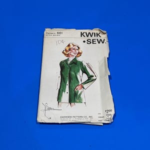 May include: Vintage Kwik Sew pattern 661, featuring an illustration of a woman in a green jacket. The pattern includes the text "KWIK SEW" and the price in US dollars. The pattern is on a white background.