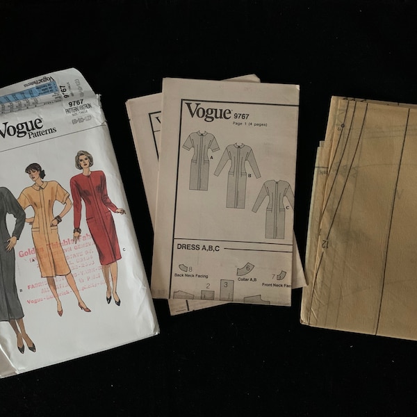 80's Vogue Misses Fitted Straight Dress with shoulder pads Sewing Pattern 9767 - Size - 8-10-12 Uncut