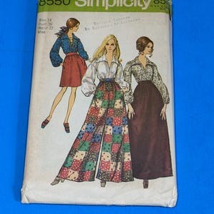 May include: A Simplicity 8550 sewing pattern envelope for size 14, bust 36, waist 27. The cover features illustrations of three outfits: a blue blouse with a red skirt, a white blouse with patchwork wide-leg pants, and a patterned blouse with a long brown skirt.
