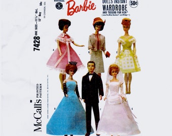 PDF LETTER SIZE 60's Barbie wardrobe and Tuxedo for Ken McCalls 7428 sewing pattern for 11 1/2" girl dolls, 12" boy dolls 8 1/2" x 11" Repro