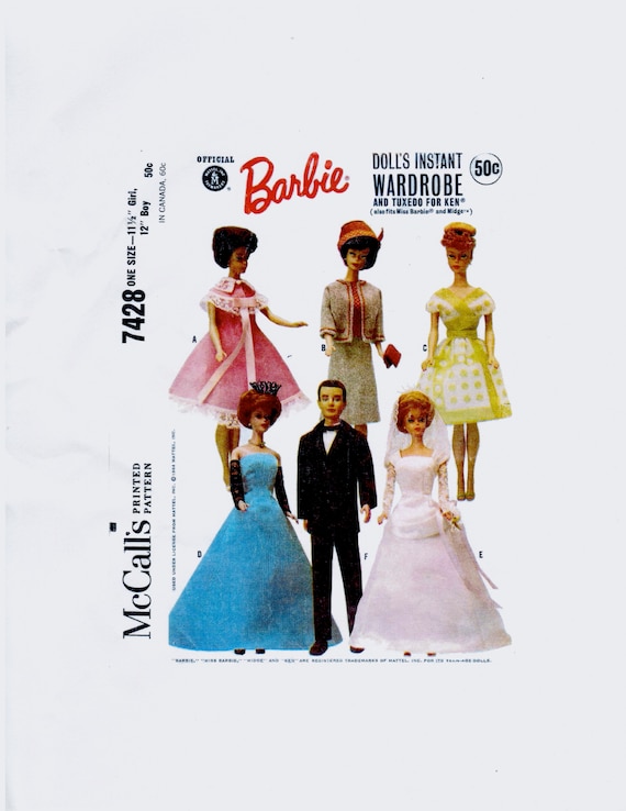 PDF LETTER SIZE 60 s Barbie Wardrobe and Tuxedo for Ken Mccalls 7428 Sewing Pattern for 11 1 2 Girl Dolls 12 Boy Dolls 8 1 2 X 11 Repro Etsy