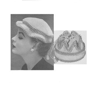 May include: A vintage-style image featuring a crocheted hat and drawstring bag. The hat has a rounded crown and a small brim, both adorned with beaded trim. The bag has a scalloped top and beaded accents, with a drawstring closure.
