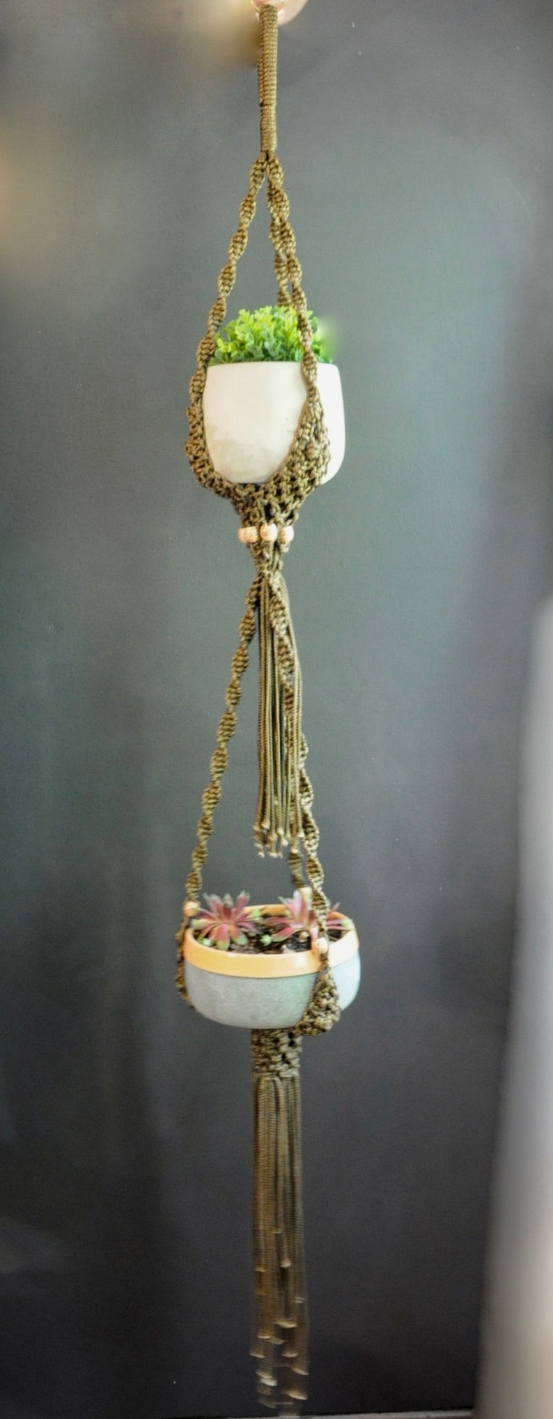 67 IndoorOutdoor Polyolefin Boho Home Decor Handmade Macrame 2 plant pot Plant Hanger Brown with wood beads
