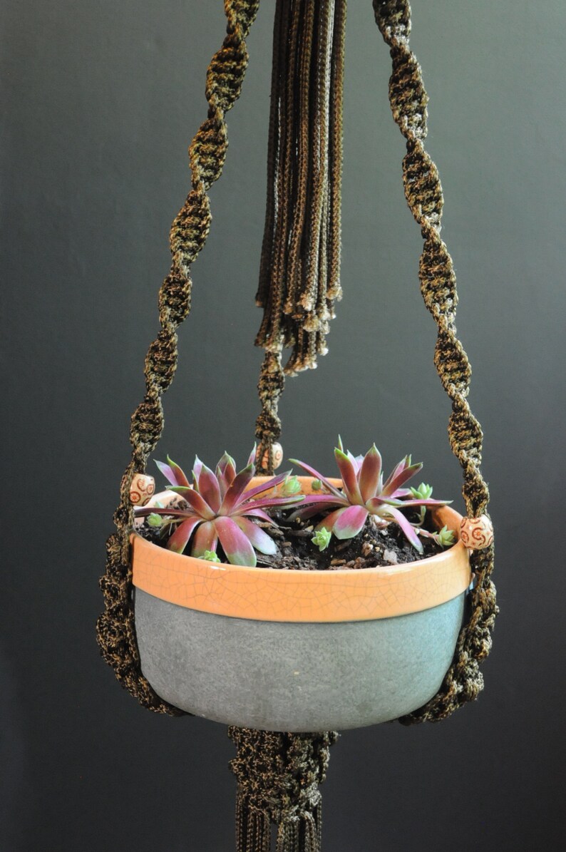 67 IndoorOutdoor Polyolefin Boho Home Decor Handmade Macrame 2 plant pot Plant Hanger Brown with wood beads