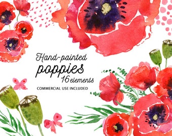 Poppy clipart. Watercolor hand-painted poppies floral clip art. Red flowers, bouquet, leaves, invitation, butterfly, png, commercial use