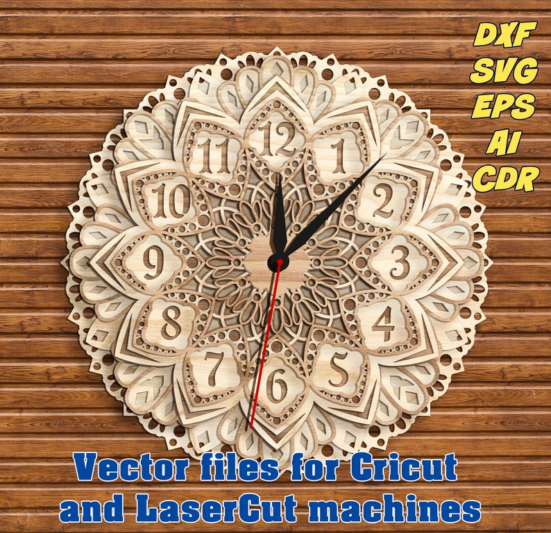 Download Dxf Cdr Ai Eps Svg Vector Files Download Glowforge Cricut Any Thickness Laser Cut Vector Model Multilayer Mandala Clock Jule Cnc Plan Digital Drawing Illustration Cospicon Com