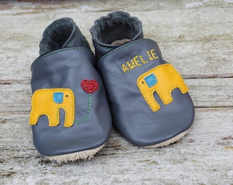 Baby shoesElephant with name, grey-yellow