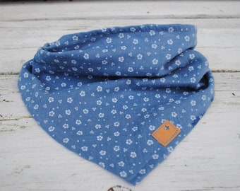 Muslin scarf, baby, toddler, denim blue with scattered flowers