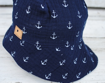 Sombrero de muselina para el sol, sombrero de verano, ancla azul oscuro