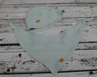 Muslin sun hat, summer cap and scarf in set, uni mint