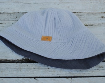 Muslin sun hat, summer hat, light gray edge, dark gray inside