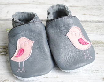 Crawling shoes bird, grey-powder pink