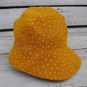 Muslin sun hat, summer hat, mustard yellow white dots