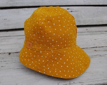 Muslin sun hat, summer hat, mustard yellow white dots