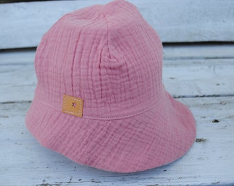 Muslin sun hat, summer hat, old pink with light gray edge on the inside