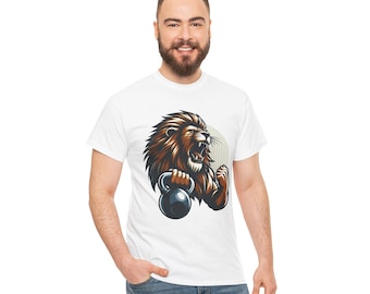 Strength in Style: Unisex Heavy Cotton Tee with Lion and Kettlebell Design, Motivational Gift for Fitness Enthusiasts, Gym Wear
