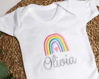 Personalised Baby Vest With Pastel Rainbow Design, Embroidered With Any Name