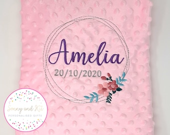 Personalised Baby Blanket, Silver Floral Wreath, Pink Blue Grey or White, Soft and Fluffy