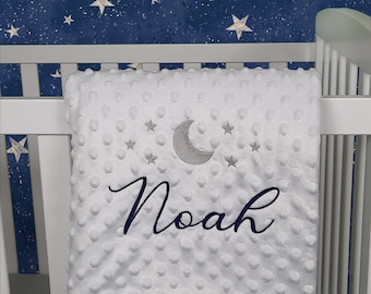 Personalised Baby Swaddle Wrap, Moon and Stars, Pink, Blue, Grey or White, Soft and Fluffy, Embroidered With Any Name