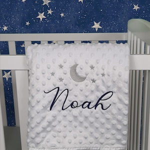 Personalised Baby Swaddle Wrap, Moon and Stars, Pink, Blue, Grey or White, Soft and Fluffy, Embroidered With Any Name