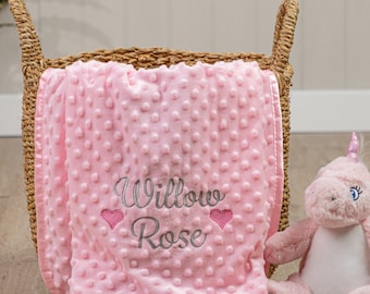 Personalised Baby Girl Hearts Blanket, Pink Grey or White, Soft and Fluffy, Embroidered With Any Name