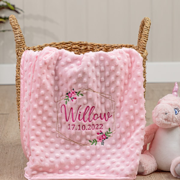 Personalised Baby Swaddle Wrap, Gold Geometric Floral Frame, Pink Blue Grey or White, Soft and Fluffy