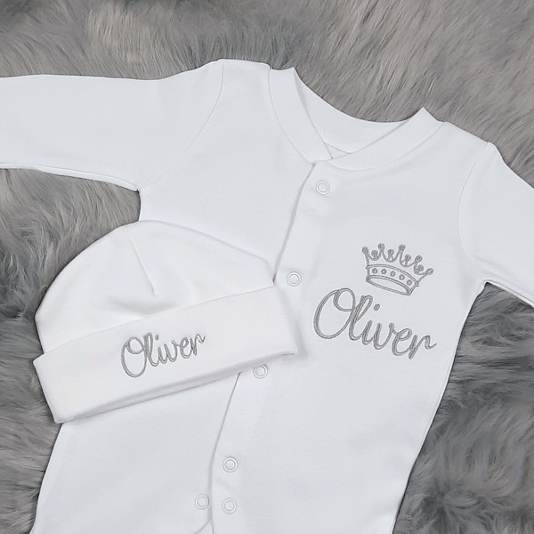 Personalised Sleepsuit and Hat Gift Set, Royal Prince or Princess Baby Boy or Girl, Embroidered Gift, Onesie, Crown