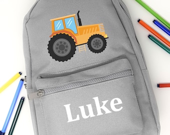 Personalised Backpack School Bag Rucksack, Yellow Tractor Design, Any Name, Choice of Bag Colour, 201