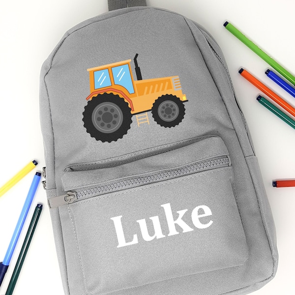 Personalised Backpack School Bag Rucksack, Yellow Tractor Design, Any Name, Choice of Bag Colour, 201