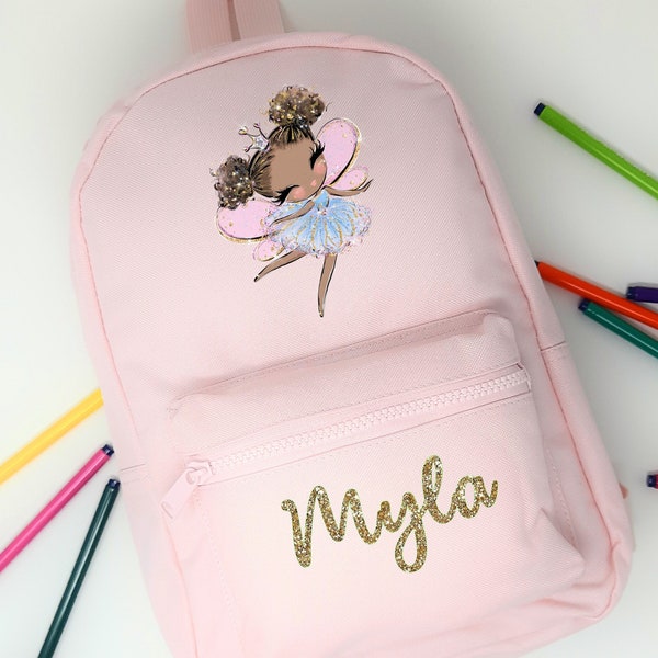 Personalised Backpack School Bag Rucksack, Cute POC Fairy With Wand Design, Any Name, Choice of Bag Colour,  113