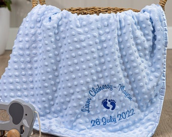 Personalised Baby Swaddle Wrap, Soft and Fluffy Cover, Embroidered Blue Gift, Birth Details