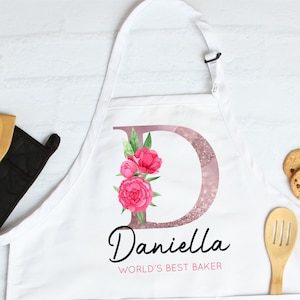 Personalised Initial Apron, Adult and Children Sizes, Rose Gold and Watercolour Flowers, Custom Message, Any Name