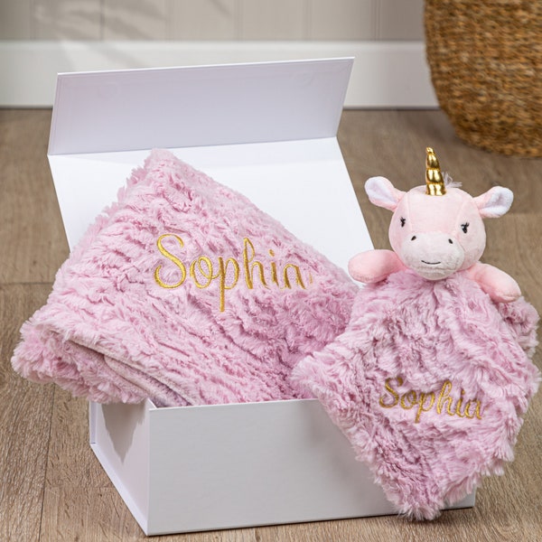 Personalised Baby Gift Set, Comforter and Blanket. Unicorn, Puppy or Bear. Optional Gift Box. Choose Font and Embroidery Color!