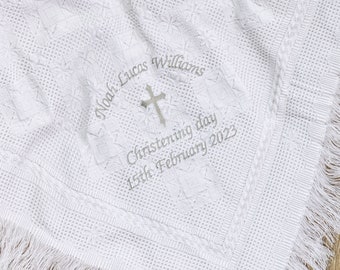 Personalised Christening Baptism Shawl, Choice of Font and Thread Colour, Soft Fabric and Fringed Edges