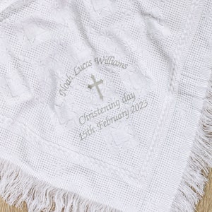 Personalised Christening Baptism Shawl, Choice of Font and Thread Colour, Soft Fabric and Fringed Edges image 1