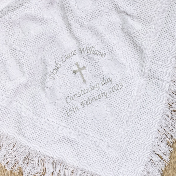 Personalised Christening Baptism Shawl, Choice of Font and Thread Colour, Soft Fabric and Fringed Edges