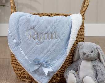 Personalised Bow Baby Swaddle Wrap - 7 Blanket Colours! Choose Font and Embroidery Colour. Optional Personalised Gift Box. Soft Cable Knit