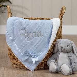 Personalised Bow Baby Swaddle Wrap - 7 Blanket Colours! Choose Font and Embroidery Colour. Optional Personalised Gift Box. Soft Cable Knit