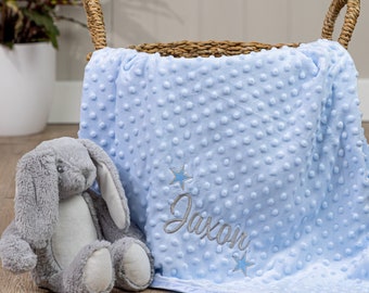 Personalised Baby Boy Blue Wrap, Soft and Fluffy, Embroidered Gift with Stars