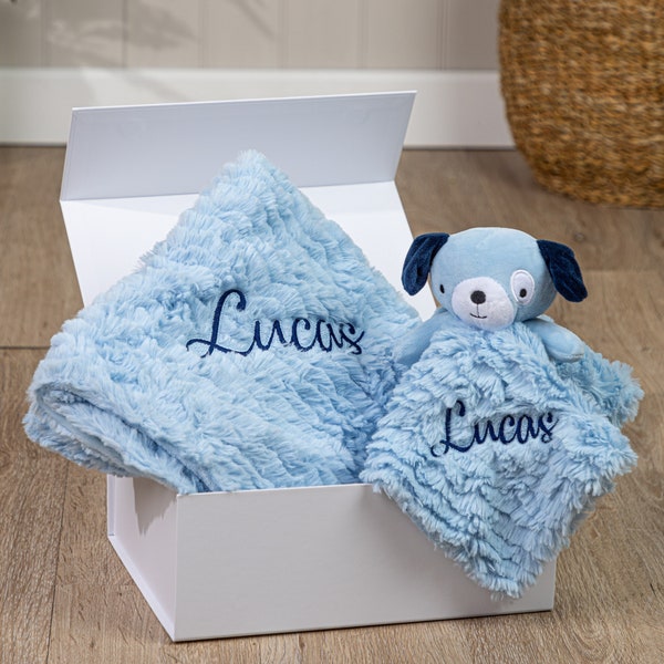 Personalised Baby Gift Set, Comforter and Blanket. Unicorn, Puppy or Bear. Optional Gift Box. Choose Font and Embroidery Color!