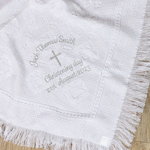 Personalised Christening Baptism Shawl, Choice of Font and Thread Colour, Soft Fabric and Fringed Edges image 1