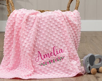 Personalised Baby Blanket, Pink, Blue, Grey or White, Rose Border Design, Soft and Fluffy, Embroidered With Any Name