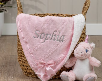 Personalised Bow Baby Swaddle Wrap - 7 Wrap Colours! Choose Font and Embroidery Colour. Optional Personalised Gift Box. Soft Cable Knit