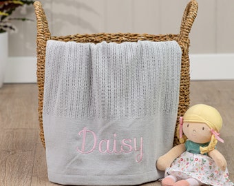 Personalised Cotton Baby Blanket - Choose Blanket Color, Font, and Embroidery Color! Optional Personalised Gift Box. Soft Cotton Fabric