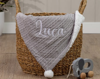 Personalised Knit Baby Blanket - 13 Blanket Colours! Choose Font and Embroidery Colour. Optional Personalised Gift Box. Soft Pom Poms