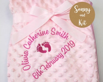 Personalised Baby Swaddle Wrap, Soft and Fluffy Cover, Embroidered Pink Gift, Birth Details